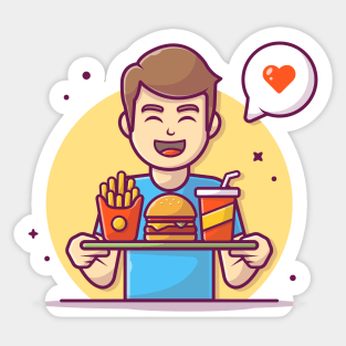 Man Bringing Tray With Burger, French Fries And Soft Drink Cartoon Sticker